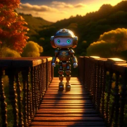 gertrude the dwarf bot, on a bridge through the seasons, hills and trees, motion blur, 8k, downlight, soft light, depth of field, photorealism, trending on art station, lotsa detail