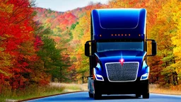 A Tesla semi-truck is racing at top speed, across the 'Great Smoky Mountains' National Park, in Tennessee. CINEMATIC. WIDE ANGLE LENS. PHOTO REAL.