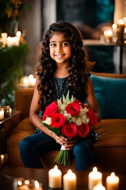 a young 8 years old girl sitting on a couch holding a bunch of flowers, tanned ameera al taweel, hair whitebangs hair, sitting on comfort, roses and lush fern flowers, in a room full of candles, a microscopic photo, cute photograph, from left