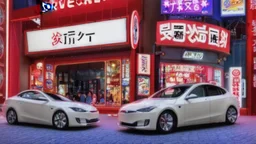 A Tesla's 'Model S Plaid' is doing donuts, within the 'Universal Studios Japan', in Osaka. CINEMATIC. WIDE ANGLE LENS. PHOTO REAL.