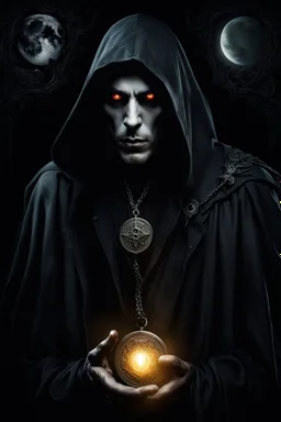 man with glowing eyes in dark hood, on his chest mystic witch medal, vampire man, black hair, dark shadows, dark fantasy, surreal, black, goth, gothic, mystic, mist, Moon, crepy stunning