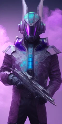 purple galaxy masked super villain, weapons in hands, teal and purple smoke, full portrait, hyper realistic, 4k