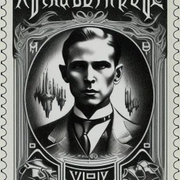 stamp from 1920s, cuthulhu mythos investigator, vampire journalist photo, underground , fine pencil, set of 4 identical stamps