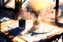 Anime, pixar, cute, table in a nice restaurant next to the window, meal, wine and flower on it, melting watercolor and black ink outlines on wet paper, soft, shading strokes, in sunshine, ethereal, otherwordly, cinematic postprocessing, bokeh, dof