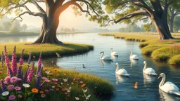 a beautiful river in country side and big tree,wild flowers and swans in river 2 pretty Deer with horns in plants,butterflies around flowers,heaven escape