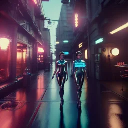 Ultra Realistic scene, retro futuristic style, 1960 fashion sci-fi. 2 cyber Women, shopping, smile, happy. highly detailed, concept art, unreal engine 5, ray tracing, RTX, lumen lighting, ultra detail, volumetric lighting, 3d, finely drawn, high definition, high resolution.