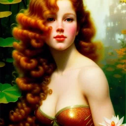 Hyperdetailed oil on canvas, young robyn lively by a lotus goldfish pond, detailed face, long muti-hued red curly hair; by gaspar camps, maxfield parrish, alphonse mucha, cyril rolando, dan mumford; luminous colorful sparkles, glitter, airbrush, octane render, volumetric lighting, 16k