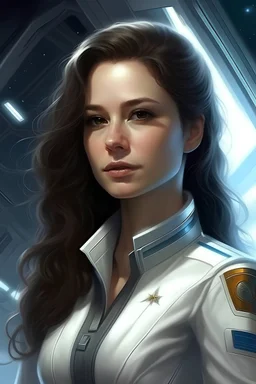 Elisa Pascalis, très belle jeune femme, archange galactique, commandant en chef flotte de vaisseaux blanc très lumineux. Archange porte combinaison blanche lumière, très féminine, divine