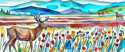 an Elk off-center in a prairie field, canola plants hinted in foreground, detailed watercolor illustration, complimentary colors