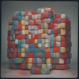 A rubik'scube, red, autochrome, plastic puffy jacket