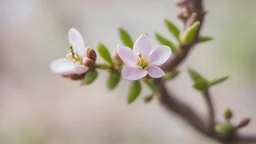 an almond branch with buds and a small flower, close-up, blurred background