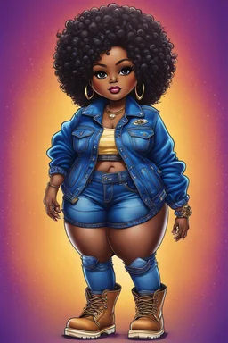 vibrant psychedelic pop punk image, airbrush, 48k, cartoon art image of a plus size chibi dark skinned Black female wearing a sapphire blue jean outfit with timberland boots. Prominent make up with brown eyes and lush lashes. Highly detailed tight curly ombre afro