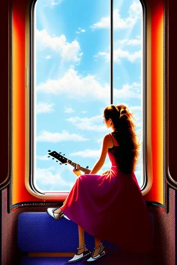profile painting of a long haired woman with guitar riding an old train and looking out the window.