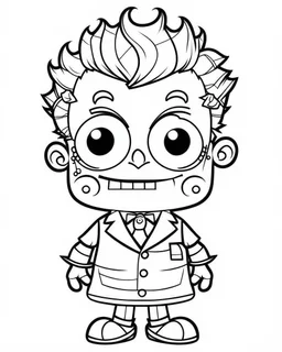 outline art for halloween coloring pages for kids with cartoon cute happy frenkeinstein , white background, Sketch style, full body, only use outline, clean line art, white background, no shadows and clear and well outlined, coloring page for kids, kawaii style