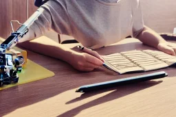 ((( a close up view of a cute future robot android writing on desk))), sketch , drawing, beige background