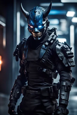 A male mercenary, cybernetically augmented limbs,wearing bulletproof hannya mask,dressed in black tactical gear,short hair,blue eyes, cinematic lighting,ray tracing