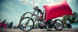 pinhole cam, airbrush 3d rendering, big tics and a cyberpunk robot The chrome Mantis Pillow Fighter, huge mech 🦗🥊 A bizarre upright bicycle-creature, front wheel replaced by articulated mantis-like arms carrying enormous inflatable pillows, looking far too serious about complying with official pillow-fighting regulations.