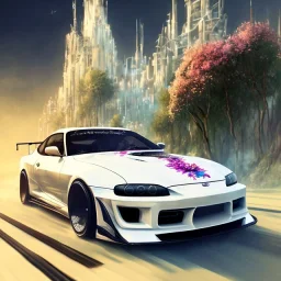 voiture blanche, fleur, chrome, synthwave, concept art, couleur vibrante, TOYOTA SUPRA