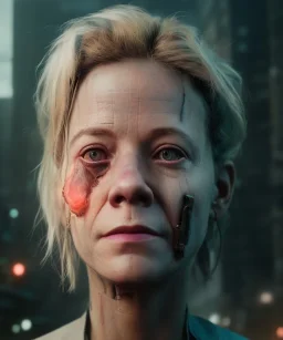 A portrait post-apocalypse cyborg Meg Ryan in a cyberpunk city, sci-fi fantasy style, 8k, volumetric lighting, particales,highly detailed,cinematic, deep scars on face,deep colours.