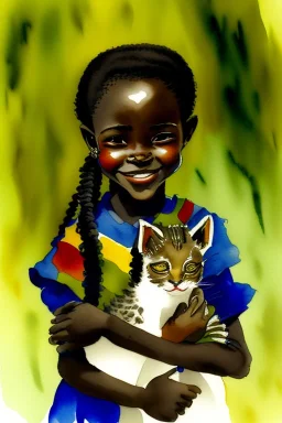 A cute smiling african girl is holding a kitten. Watercolour