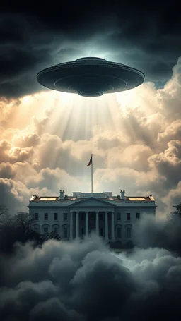 A ufo hovering above the White house hovering above swirling clouds, emerges from the heart of a raging storm. Turbulent winds of steam swirl around the iconic structure, lit by shafts of sunlight that cast dramatic shadows on the A large UFO spacecraft hovering over the pentagon building surrounding clouds. A storm rages and thunder lights up the dark sky,