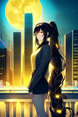 girl, masterpiece, best quality, cinematic lighting, detailed outfit, perfect eyes, black hair, golden eyes, long hair, ponytail, braided ponytail, girl standing in a modern cityscape at night with a bright yellow moon in the background, detailed cityscape illustration, neon lights, vibrant colors, dramatic lighting,