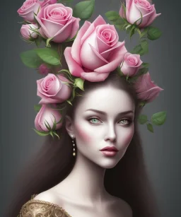 portrait borders Princess with big bobs long hairs black eyes no top inside sphere with roses