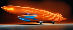 award winning car and driver photograph of a futuristic station wagon dirigible hybrid designed by only one vehicle per image painted metallic orange traveling at a high rate of speed, jet intake off of front center of vehicle and jet exhaust out the rear with bright blue flame, bilaterally symetrical, more a high speed road vehicle