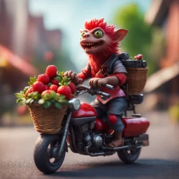 hairy heavy metal kobold strawberry beast business man on motorbike with long eyebrows holding a basket of berries,bokeh like f/0.8, tilt-shift lens 8k, high detail, smooth render, down-light, unreal engine