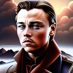  fantasy art, photorealism, realistic portrait of a young leonardo di caprio, movie poster, titanic in the background, book cover illustration