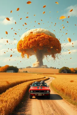 a nuclear explosion mushroom cloud that looks like a autumn tree full of leaves, leaves falling everywhere. bottom 2/3 is a curved dirt road through a wheat field, a wind is blowing away from the tree. a business front is in the middle of the left field, on the road is a 1970 Camaro convertible with 2 animated racoons inside