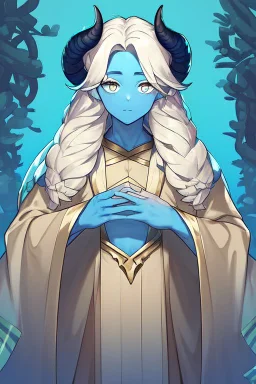 A tieffelin with blue skin and white Dreadlock hair. His pupil-less eyes are green. He wears a small beard. His horns are black and curved backwards. He wears a beige tunic.