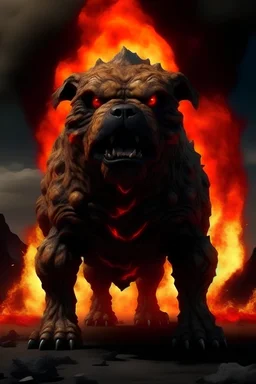 make an very angry big dog with lava in background but more angry and much more angry and much bigger bigger