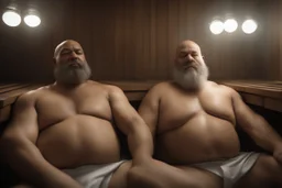 half body shot photography, two muscular chubby ugly burly marocan men , bulge, masculine hairy 54 year old man, bald, currly beard ,big shoulders, big arms, big legs, bulge,, ambient occlusion , lying down sleeping in a steamy Sauna, super high resolution, 8k, dim light, side light, ultra hyper realistic, frontal view