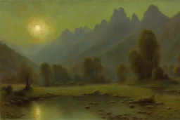 mistery night, mountains, rocks, river, epic, gothic and witchcraft influence, emile claus, and rodolphe wytsman impressionism paintings