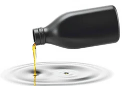 whole bottle(black plastic, 1 liter, quart, generic motor oil) floating on an angle in middle of image while pouring(oil) down from the opening. white background, Smooth vector