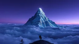 A surreal mountain peak, where the sky is a gradient of deep indigo merging into twilight lavender. The peak itself is a jagged silhouette against the sky, with layers of crystalline ice that glow with an ethereal, almost phosphorescent light. Surrounding the peak, a sea of clouds swirls in iridescent hues of silver and pearl, as if the heavens themselves are pouring down in liquid form. The air is thick with the scent of pine and the distant echo of a lone wolf's howl. In the foreground, a lone