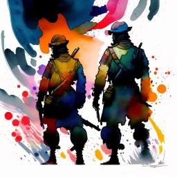 war soldiers,Directed by Tony Moy, comic watercolor illustrations,masterpiece, best quality, colorful paint, swirling paint, Directed by Stobe Harju.