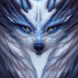 icy blue, anime, elve wolf creature ,feathers , fae, majestic, ominous, ice, scales,frost on skin, dnd character portrait, intricate, oil on canvas, masterpiece, expert, insanely detailed, 4k resolution, retroanime style, cute big circular reflective eyes, cinematic smooth, intricate detail , soft smooth lighting, soft pastel colors, painted Rena