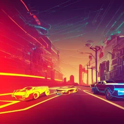 art deco, cyberpunk, two neon muscle cars, race, desert road, sunset, full colour, hd,