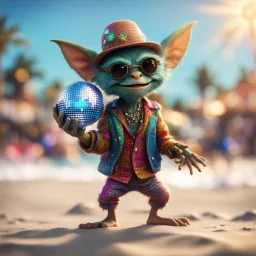 hairy pimp groove funk kobold gremlin hippie holding disco ball on beach ,bokeh like f/0.8, tilt-shift lens 8k, high detail, smooth render, down-light, unreal engine