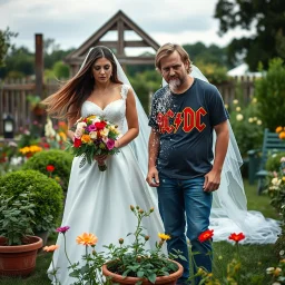 wedding bride and groom serious photo in a country garden, in background man with long hair in an AC/DC t shirt and jeans barfing into a flowerpot, photobomb, humorous, photoreal HD quality