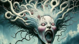 "The Wilhelm Scream of Imaginary Dead Wives" in the style of Michael Hussar and Walter Van Beirendoncks; features a ghostly figure of a woman with windblown crazy hair and mouth wide open in a scream, surrounded by intricate details such as twisted branches, ominous clouds, and hidden symbols. The image is meticulously crafted with an award-winning level of detail that invites the viewer to explore its mysterious depths.