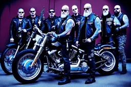 a very hard and tuff motorcycle bald gang, not old, posing with their Harley Davidsson bikes, some of them holding guns and shotguns, a logo sign with Falköpings HD Club, "Fearless sinners" Skulls and bones, skeletons