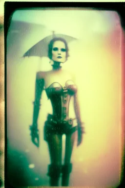 steampunk, vintage analog polaroid of a woman robot, female body, fog, lomography, heavy film grain, rain, color bleed, depth of field, bokeh, retro