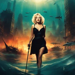 Marilyn Monroe, a fishing rod in hand, stands in murky waters of a post-apocalyptic underwater city. surreal scene , dreamlike, metropolis submerged in chaos , blood and danger. in the sunsets she stands with a fierce sense of power, surrounded by circling sharks. The sharks' teeth moving in the light, add to the tension. weirder the better. Bigger monsters. Stronger hero