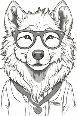 Outline art for cute coloring pages with wolf with glasses, full body, white background, sketch style, only use outline, clean line art, no shadows and clear and well outlined.