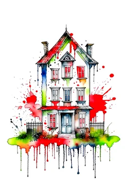 watercolor with splatter sketch of a doll house with transparent background in png format