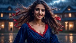 Hyper Realistic Photographic View Of A Beautiful Young Pashto Woman With Beautiful Eyes Lips & Nose (Wearing Beautiful Navy-Blue Frock Decorated With Red-Ribbons On It Her Frock & Her Beautiful Long Hair Whirling In Air) Happily Whirling & Smiling Outside A Fancy Navy-Blue Mansion Heavy Rainfall Night with Thunderstorm Showing Dramatic & Cinematic Ambiance.