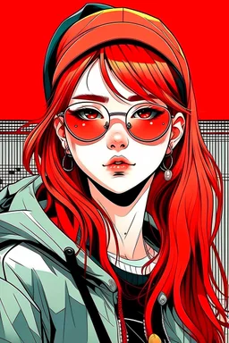 japan teenager girl with red hair wearing a sporty sweatshirt and baseball cap and sunglasses with red lenses, digital paint style, cartoon background, 80's,
